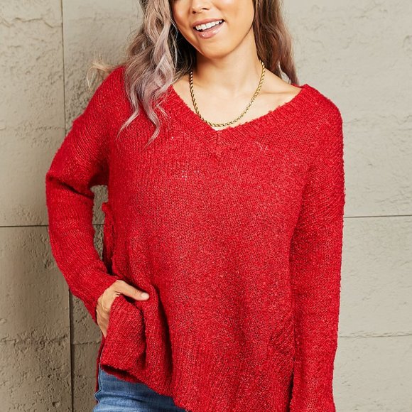 Heimish By The Fire Full Size Draped Detail Knit Sweater - Picture 1 of 11